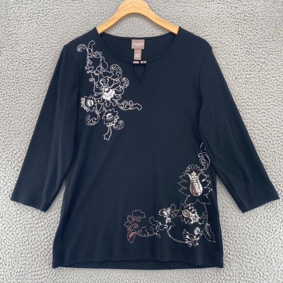 Chicos Top Women 1 US Medium Black Silver Floral 3/4 Sleeve Stretch Keyhole Neck - Picture 1 of 11
